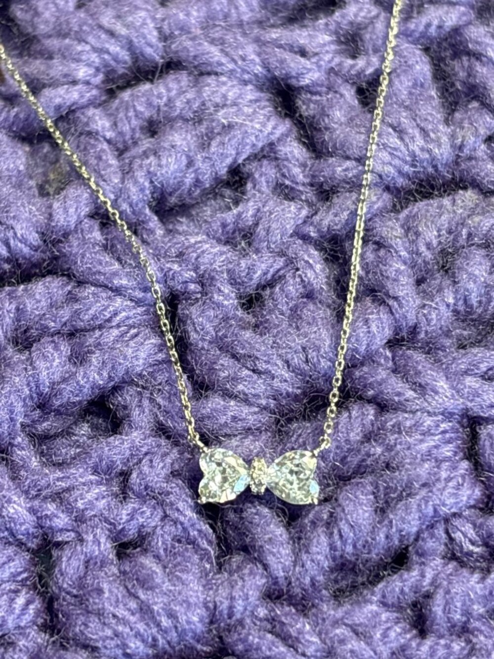 Clear CZ Bow Necklace Hearts Silvertone Spring Ring Clasp Dainty 19 - 21 inches